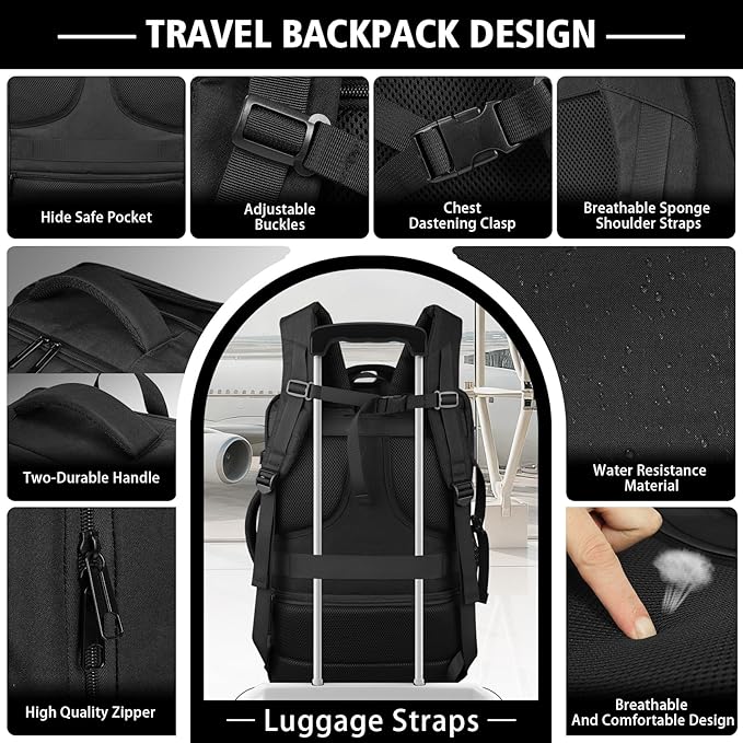 Travel Backpack,40-50L Expandable Carry On Backpack with USB Cable Port Fits 17.3 Inch Laptop Bag,Water Resistant Weekender Backpack for Men Women Business,Hiking,Daily Commuting,Black