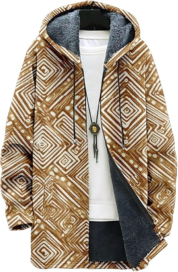 2025 Men's Ethnic Pattern Hooded Jacket Long Cardigan Hoodies Full Zip Vintage Knitted Zipper Coat with Pocket