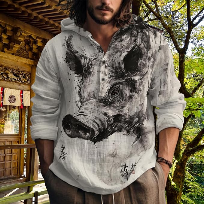 MARSVOVO Hooded Long Sleeve Shirt Men Fashion Graphic Button Up Lightweight Big and Tall Casual Vacation Shirts for Men