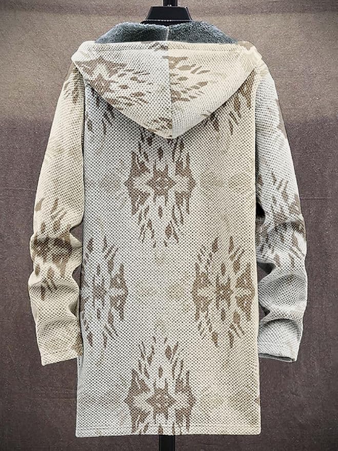 2025 Men's Ethnic Pattern Hooded Jacket Long Cardigan Hoodies Full Zip Vintage Knitted Zipper Coat with Pocket
