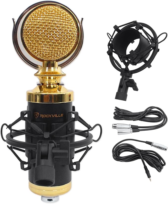 Rockville RCM02 Pro Studio Condenser Microphone, Cardioid Pattern, All-Aluminum Chassis with Steel Basket, Dual Connectivity XLR and 3.5mm, Shock Mount, Cables, for Recording and Podcasting