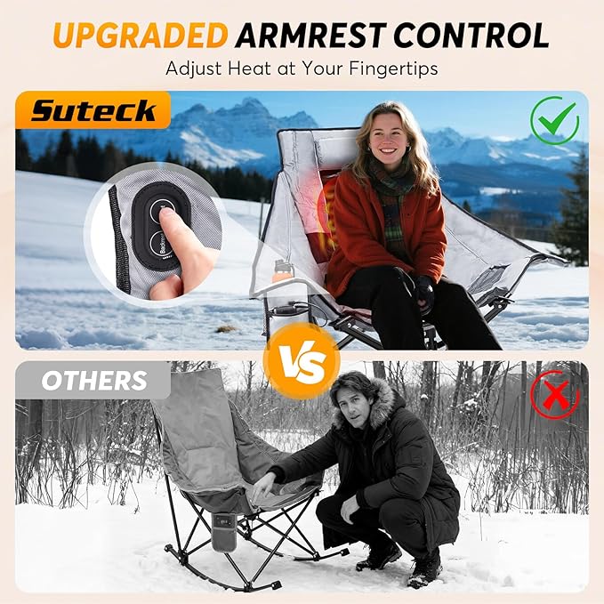 Suteck Heated Rocking Camping Chair, XL Oversized Rocking Chair Outdoor with 3 Heat Levels for Back and Seat, Heated Chairs Outdoor Sports for Patio Lawn Picnic Travel, Battery(Not Included)