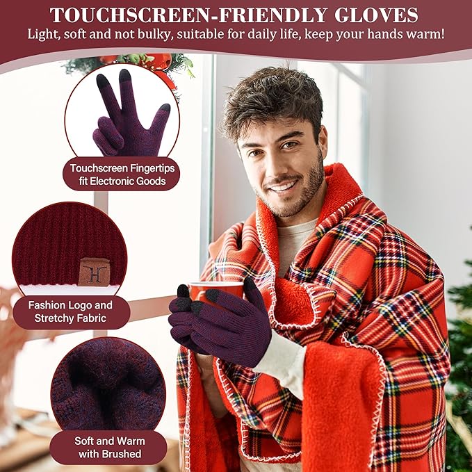 FZ FANTASTIC ZONE Mens Winter Knit Hat Beanie Long Neck Scarf Touchscreen Gloves Set Fleece Skull Caps Gifts for Men Women