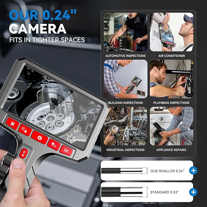 360° Flexible Eorescopes Camera with Light, Inspection Endoscope, 0.24-inch Probe Scope Cameras, 5-inch Display Snake Camera,Borescopes for Automotive Inspection and Machinery Maintenanc, 5ft