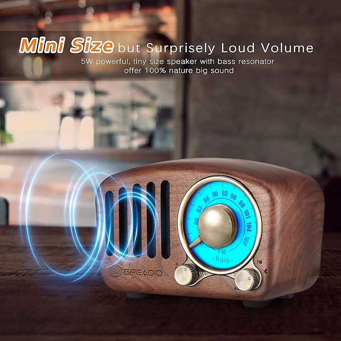Vintage Greadio Walnut Wood Bluetooth Speaker Radio - Retro Style, Bass Enhancement, Loud Volume, Bluetooth 5.0, MP3 & FM Radio