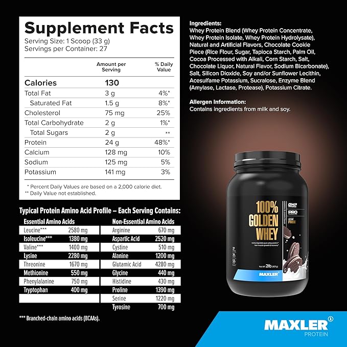 Maxler 100% Golden Whey Protein - 24g of Protein per Serving - Whey Protein Powder for Pre Post Workout - Fast-Absorbing Whey Concentrate, Isolate & Hydrolysate Blend - Cookies & Cream 2 lb