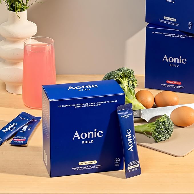 AONIC Build | 3-in-1 Creatine, HMBPro™ & Beetroot Formula | Vegan, Non-GMO Pre/Post-Workout Drink Mix – Unflavored (30 Sticks)
