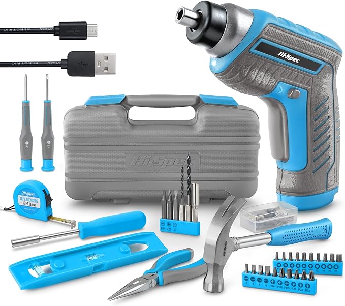 Hi-Spec 35pc Blue Tool Kit with 3.6V USB Electric Screwdriver and Drill set. Complete General Tool Set