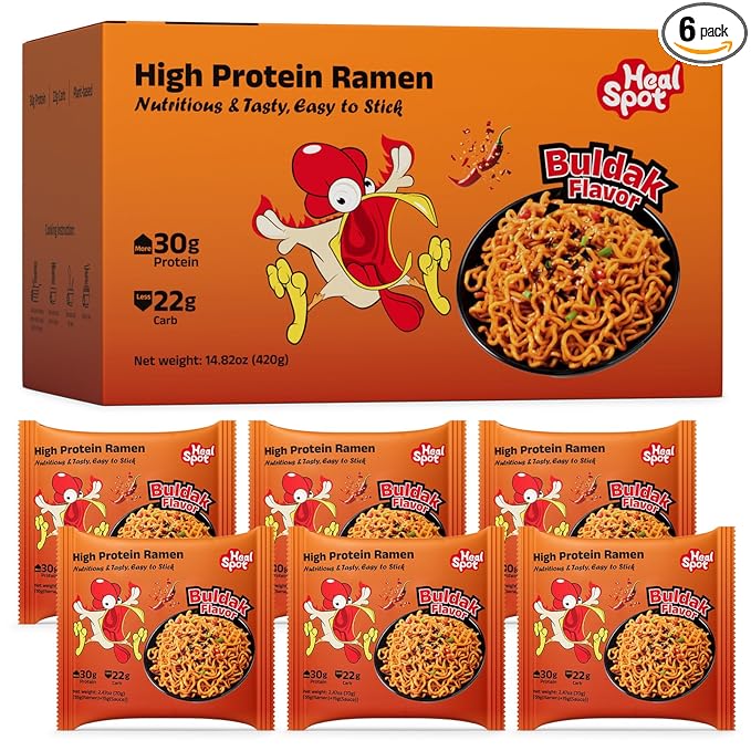 Healspot High Protein Spicy Buldak Noodles, Dry Tossed Ramen, 30g Plant-Based Protein, Low Fat, Low Carb, Non GMO, Keto Friendly & Plant Based (6 packs)