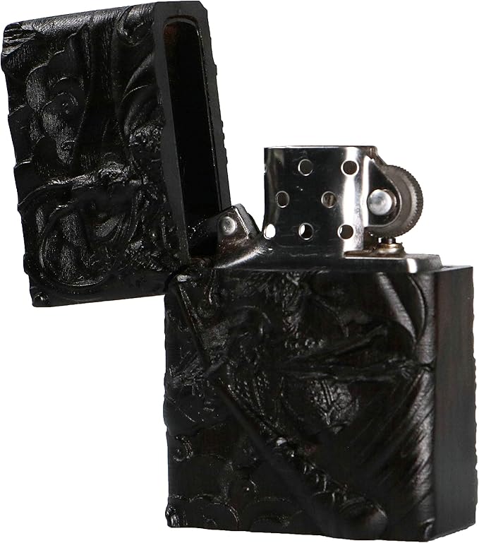 Natural Ebony Black Wood Carved Lighter Shell Box For Zippo Module (Monkey King)