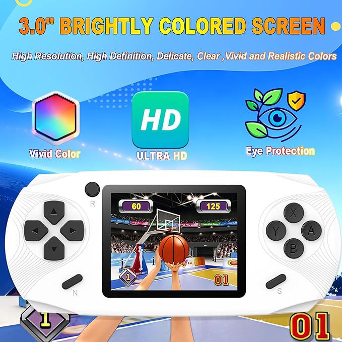 16 Bit Handheld Games for Kids Adults 3.0'' Large Screen Preloaded 100 HD Classic Retro Video Games USB Rechargeable Seniors Electronic Game Player Birthday Xmas Present (White)
