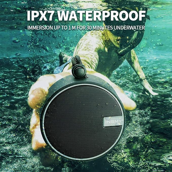 INSMY C12 IPX7 Waterproof Shower Bluetooth Speaker, Portable Small Speaker, Speakers Bluetooth Wireless Loud Clear Sound Support TF Card Suction Cup for Kayak Canoe Beach Gift (Black)
