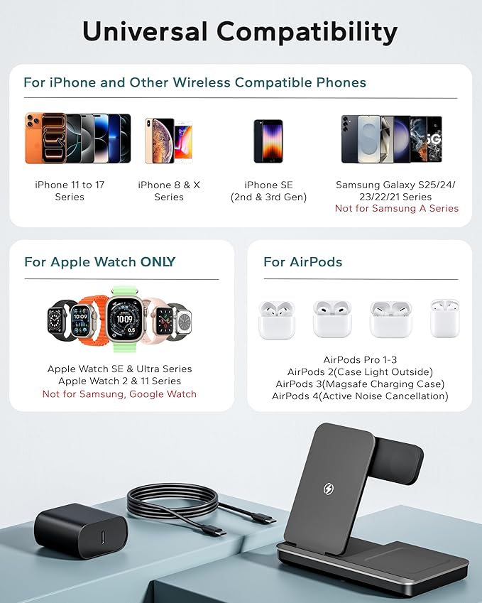 3 in 1 Charging Station for Apple Multiple Devices, Foldable Wireless Charger Stand for iPhone 17 16 15 14, Fast Travel Phone Charging Dock for Apple Watch Ultra 11 10 9 8, AirPods 4 3 Pro