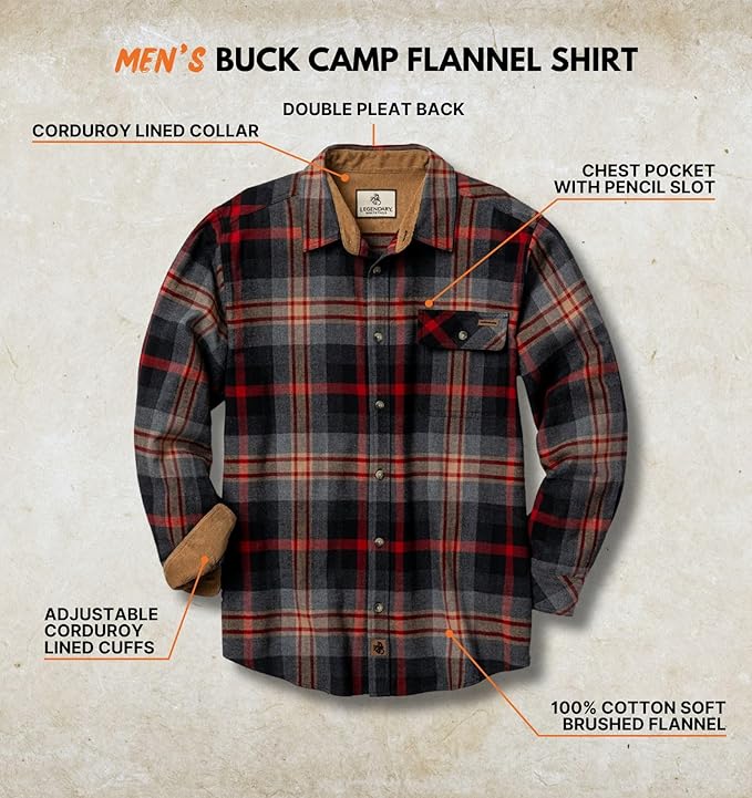 Legendary Whitetails Men's Flannel Shirt Long Sleeve Button Down 100% Cotton