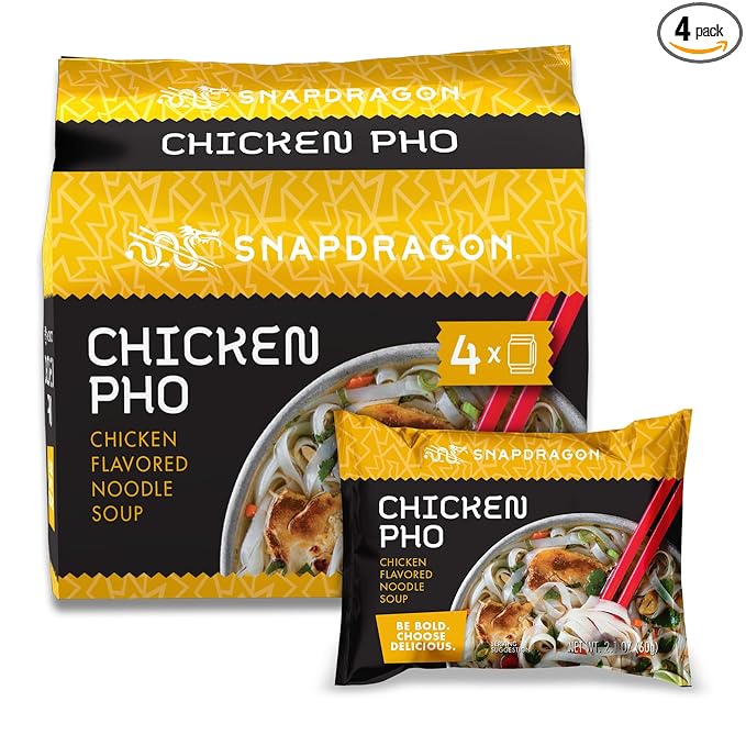 Snapdragon Chicken Pho Instant Noodle Packets 4-Pack | Rich Chicken Flavored Broth with Rice Noodles, Gluten Free, No Artificial Flavors, 4 2.1oz Packets