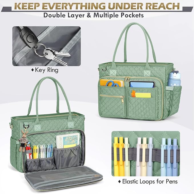 RAINSMORE Teacher Tote Bag 15.6 inch Laptop Bag for Women Work Bags Laptop Tote Nurse Bag Professional Computer Messenger with Insulated Pocket, Laptop Briefcase for Office, College, Mint Green