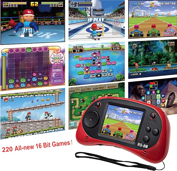 EASEGMER 16 Bit Kids Handheld Games Built-in 220 HD Video Games, 2.5 Inch Portable Game Player with Headphones - Best Travel Electronic Toys for Kids Age 3-10 Years Old Children (Red)