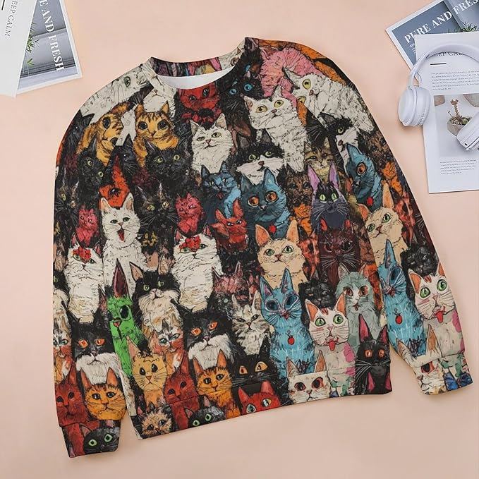 Fall Sweaters for Women 2024 Cat Print Long Sleeve Casual Crewneck Warm Fall Pullover Comfy Fashion Sweatshirts