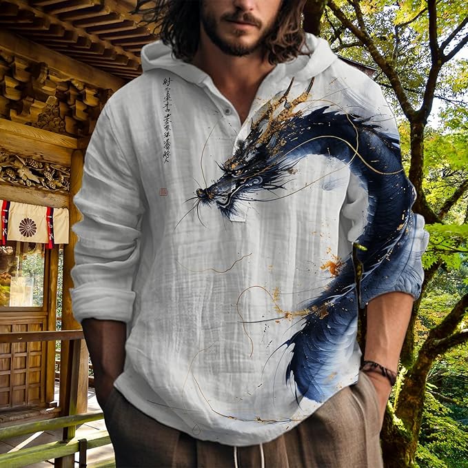 MARSVOVO Hooded Long Sleeve Shirt Men Fashion Graphic Button Up Lightweight Big and Tall Casual Vacation Shirts for Men