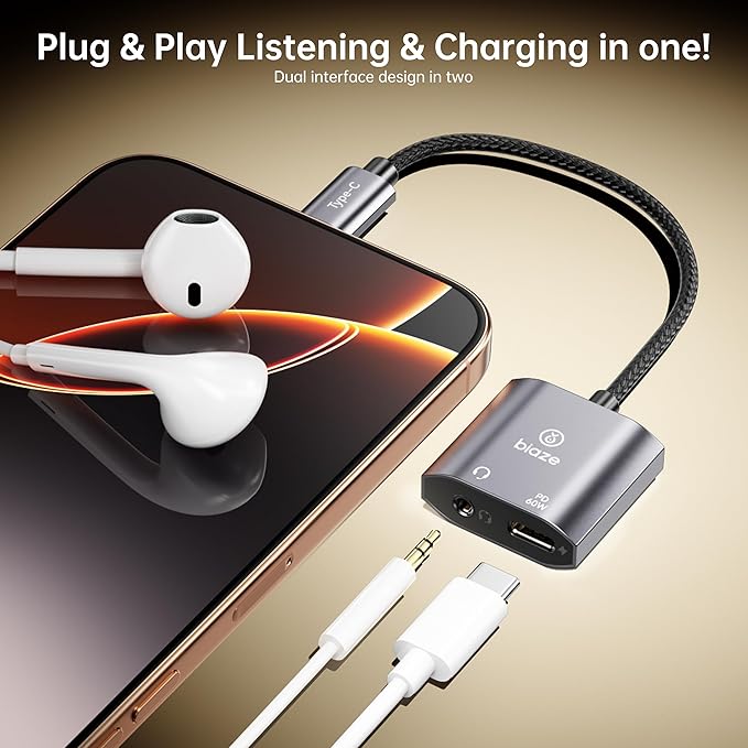 USB‑C to 3.5 mm Headphone & Charger Adapter – 60 W PD Fast Charging, Hi‑Res DAC, Call‑Ready, Compact Aluminium Splitter for Phone/Android/Tablet