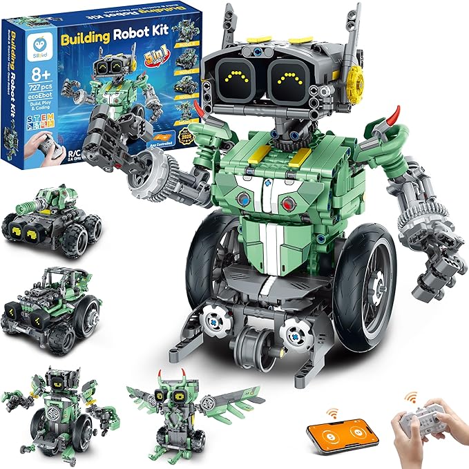 Sillbird Robot Car Building Kit with Remote Control for Boys Ages 8-14, STEM Coding Robotics Technic Toy Birthday Gifts for Kids, Buildable 5in1 Models with 727 Pieces