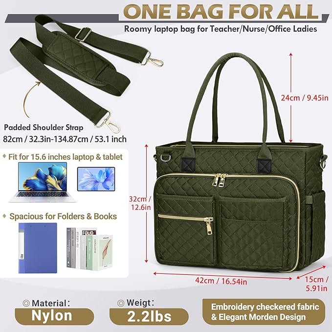 RAINSMORE Teacher Tote Bag 15.6 inch Laptop Bag for Women Work Bags Laptop Tote Nurse Bag Professional Computer Messenger with Insulated Pocket, Laptop Briefcase for Office, College, Olive Green