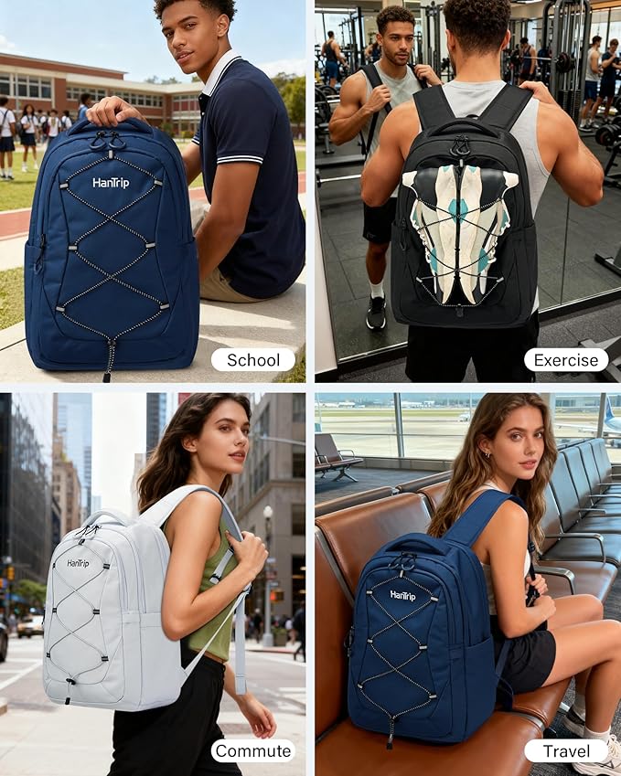 Travel Laptop Backpacks for Women Men, Large Work Backpack for Commuter College School Book Bags, Reflective Water Resistant Backpack with Luggage Strap Water Bottle Pocket Chest Strap, Black