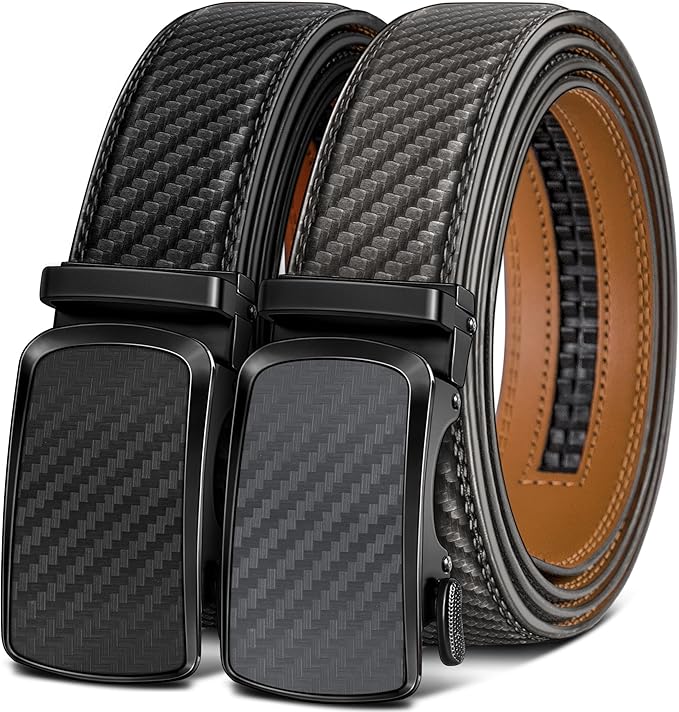 BULLIANT Men's Ratchet Belt 2 Pack-Click Leather Belt Adjustable for Men Gift 1 3/8-Cut for Perfect Fit