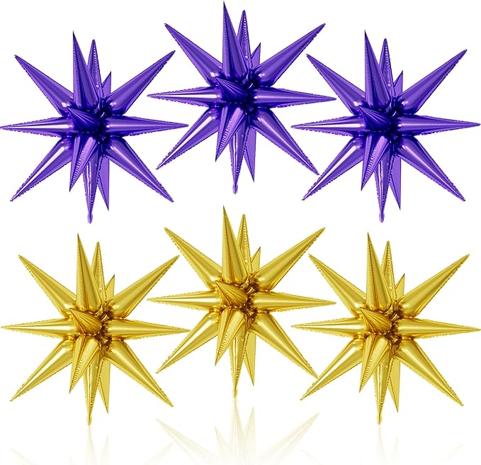 6PCS Star Balloons, 22Inch Large Purple Gold Star Balloon Explosion Foil Balloons Cone Spike Balloon for Birthday Graduation Wedding Anniversary Party Backdrops Decorations
