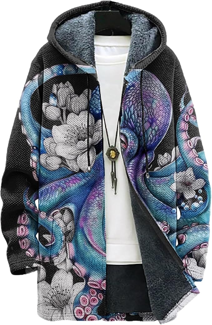 MARSVOVO Long Hooded Cardigan Men Japanese Art Style Fashion Cool Graphic Streetwear Winter Warm Lined Fleece Jacket