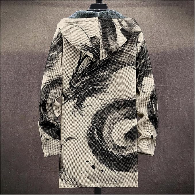 Mens Hooded Cardigan Japanese Art Zip Up Long Sleeve Sweater Hoodie Dragon Print Coat with Pockets