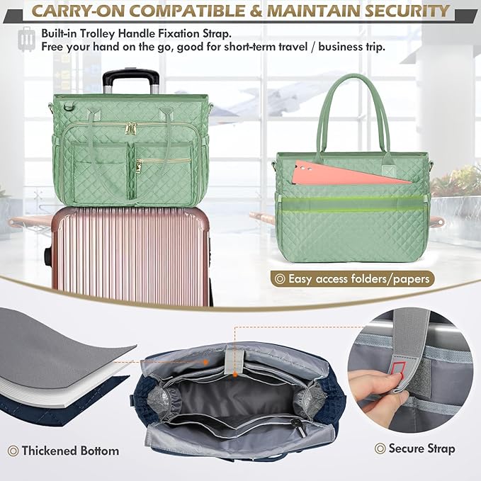 RAINSMORE Teacher Tote Bag 15.6 inch Laptop Bag for Women Work Bags Laptop Tote Nurse Bag Professional Computer Messenger with Insulated Pocket, Laptop Briefcase for Office, College, Mint Green