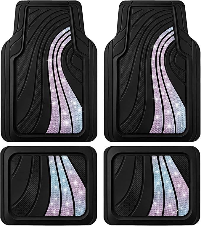 Road Comforts Car Floor Mats Full Set – Front & Rear Car Floor Mats with Aluminum Design, Anti-Slip Backing, All-Weather Protection, Trim-to-Fit Car Mats for Most Sedans, SUVs & Vans - Glitter