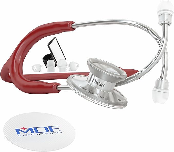 MDF Instruments, Acoustica Lightweight Stethoscope for Doctors, Nurses, Students, Home Health Use, Adult, Dual Head, Burgundy Tube, Silver Chestpiece-Headset, MDF747XP17