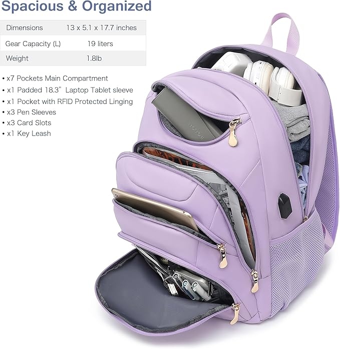 Boavan Laptop Backpack for women, 15.6inch Laptop Bag with USB Port, Waterproof Travel Work Backpack Purse, Anti-Theft Teacher Nurse Doctor Casual Bookbags Office Business backpack，Purple