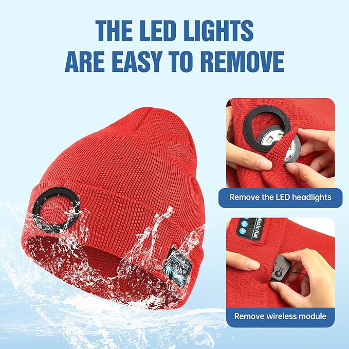 Bluetooth Beanie with Light, HD Stereo Sound, USB Rechargeable Headlamp for Hiking Fishing, Gift for Men Women Teen