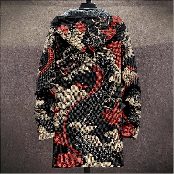 Mens Hooded Cardigan Japanese Art Zip Up Long Sleeve Sweater Hoodie Dragon Print Coat with Pockets