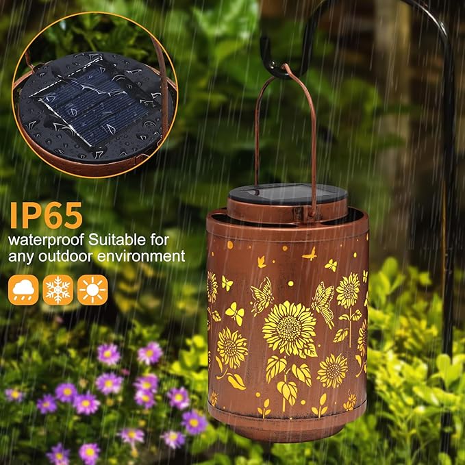 2 Pack Solar Outdoor Lanterns, Garden Decor LED Light Hanging Waterproof Solar Metal Lantern Birthday Gifts for Women Mon Grandma Sunflower Solar Lights Outdoor Decoration(Butterflies)