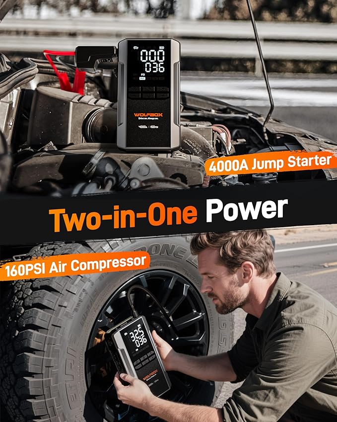 WOLFBOX 4000A Jump Starter with 160PSI Air Compressor, 12V Car Battery Booster, 65W Fast Charge, 88.8Wh Portable Tire Inflator, LED Display for 10L Gas & 10L Diesel Engines, LED Light, Jumper Cables