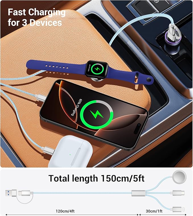 Temdan for Travel Vacation Essentials,3 in 2 USB C Cable for Apple Watch Charger/iPhone 17 Charger/Lightning,Multi Charging Cable Cord,Camping Essentials,Designed for iWatch &iPhone 16-12-5FT Blue