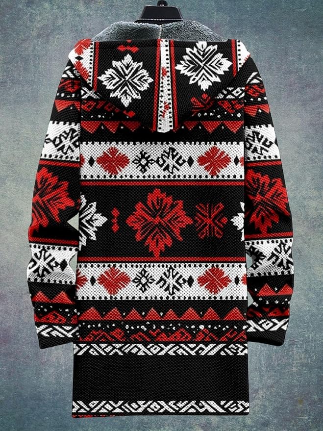 2025 Men's Ethnic Pattern Hooded Jacket Long Cardigan Hoodies Full Zip Vintage Knitted Zipper Coat with Pocket