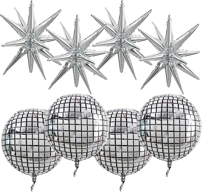 TONIFUL 8 Pcs 22Inch Disco Large 4D Giant Round and Star Balloons Explosion Star Mylar Balloons Set for Backdrop Christmas New Year Birthday Wedding Bridal Shower Anniversary Photo Booth Supplies