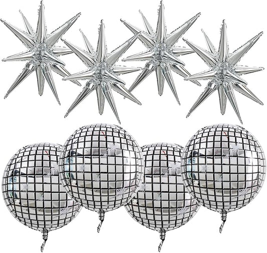 TONIFUL 8 Pcs 22Inch Disco Large 4D Giant Round and Star Balloons Explosion Star Mylar Balloons Set for Backdrop Christmas New Year Birthday Wedding Bridal Shower Anniversary Photo Booth Supplies