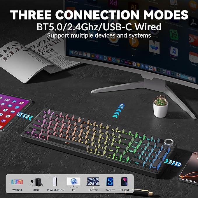 AULA F99 Pro Wireless Mechanical Keyboard-Silent Version,BT5.0/2.4GHz/USB-C Hot Swappable Custom Keyboard,Gasket Structure,Pre-lubed Linear Switches RGB Backlit Computer Gaming Keyboards,Black