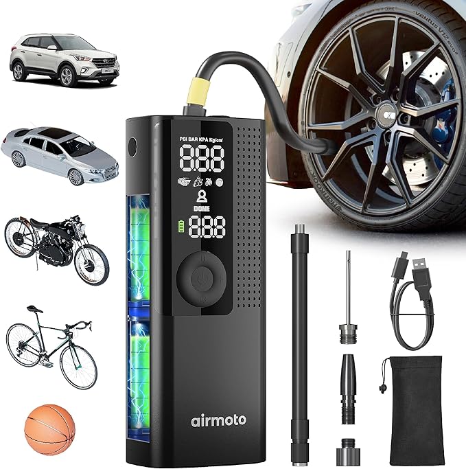 Airmoto Tire Inflator Portable Air Compressor - Air Pump for Car Tires with Digital Pressure Gauge, LED Light and Auto Shut-Off Function - Cordless Pump for Car, Motorcycle, Bicycle, Ball