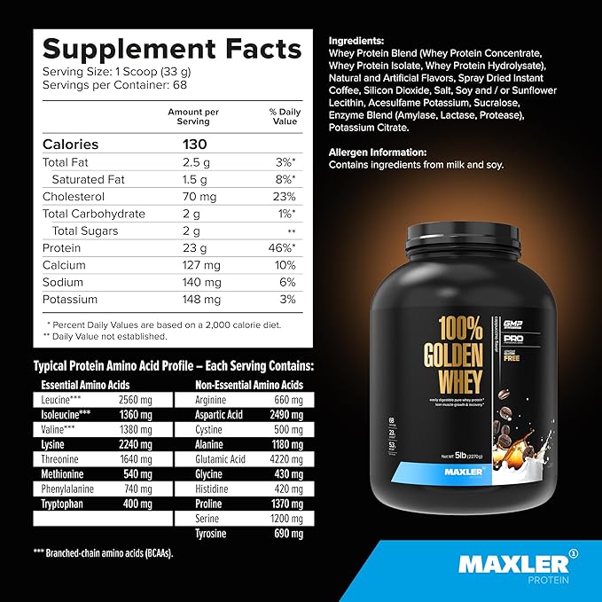 Maxler 100% Golden Whey Protein - 23g of Protein per Serving - Whey Protein Powder for Pre Post Workout - Fast-Absorbing Whey Concentrate, Isolate & Hydrolysate Blend - Cappuccino 5 lb