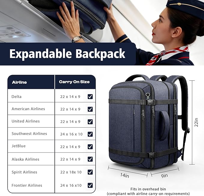 Carry On Backpack,50–60L Expandable Large Capacity Travel Backpack with Cable Access Port Fits 18.4 Inch Laptop, Water Resistant Airline Travel Backpack for Men College Hiking Work Commuting, Blue