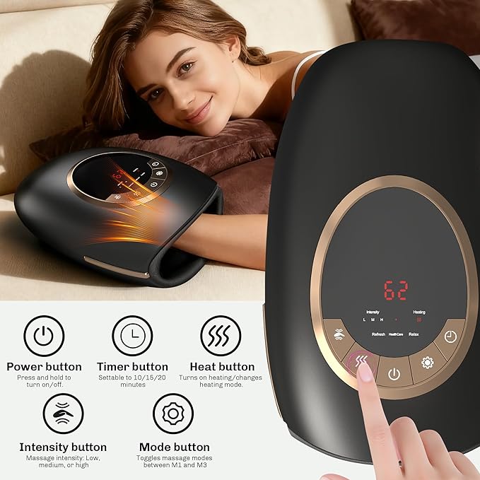 Foruisin Hand Massager with Heat and Compression, 3 Strength Levels & Modes, 10/15/20 Min Timer,Large Size Fits Hands & Forearms Carpal for Arthritis, Pain Relief, Carpal Tunnel(Black, General)