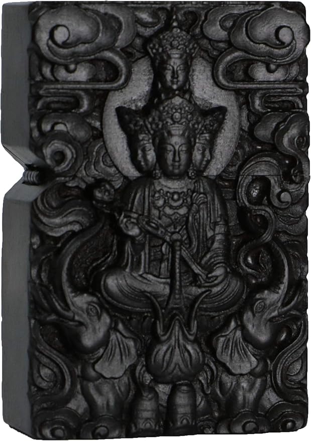 Natural Ebony Black Wood Carved Lighter Shell Box For Zippo Module (Namgyalma & Ushnishavijaya Buddha)