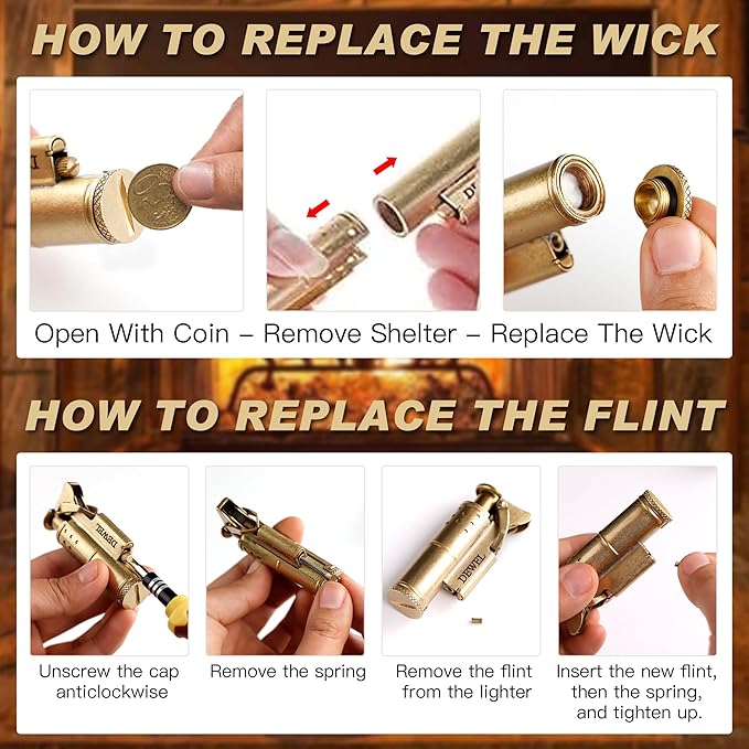2 Pack Cool Vintage Copper&Brass Wheel Lighter, Pressure-Relief Reusable Windproof Trench, Unique Birthday Gifts for Father & Friend & Family(one Box)